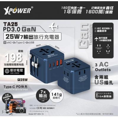 XPower TA25 7輸出 PD/PPS 25W Gan旅行充電器